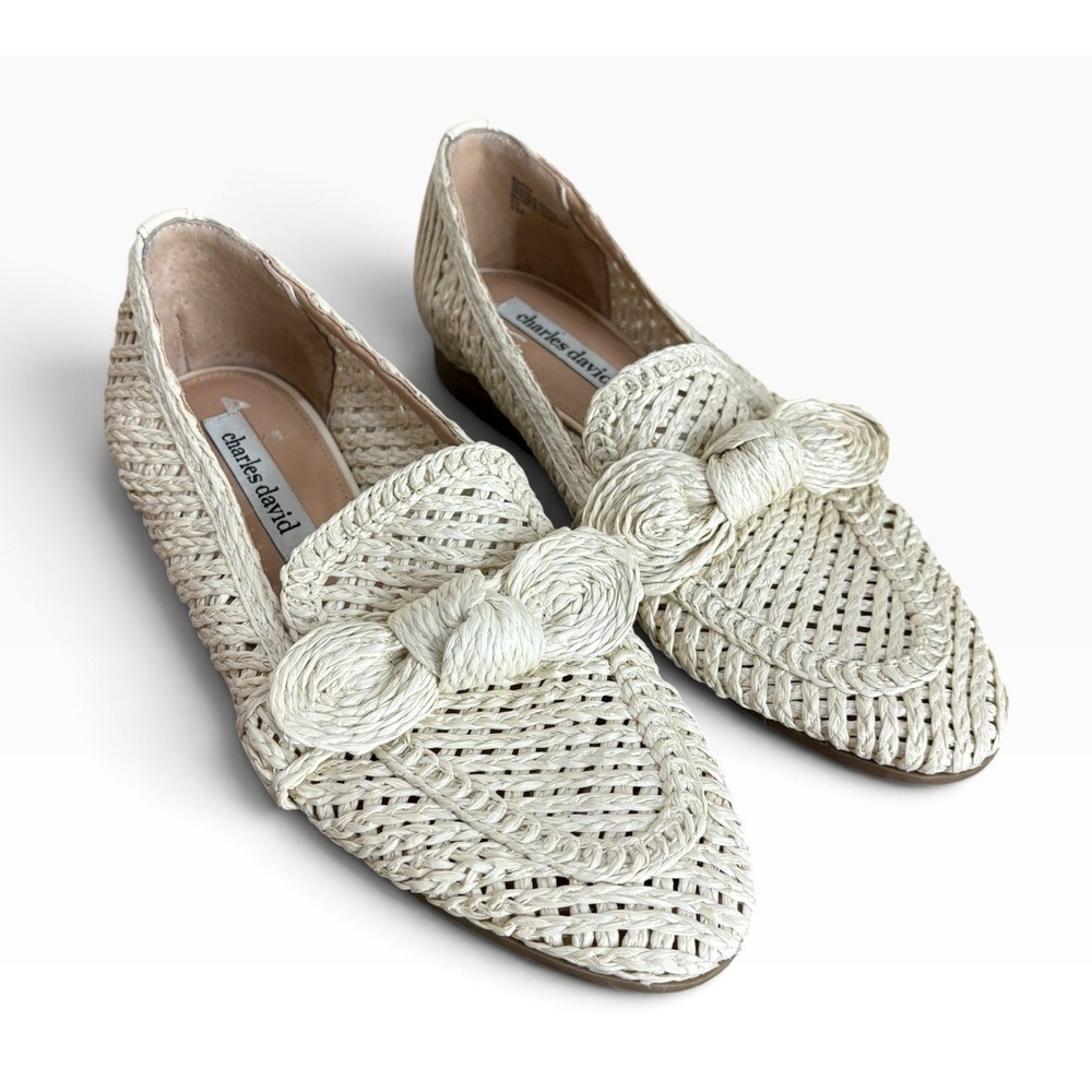Charles David Ivory Woven Raffia Bow Loafers Pointed Toe Coastal Resort Flats